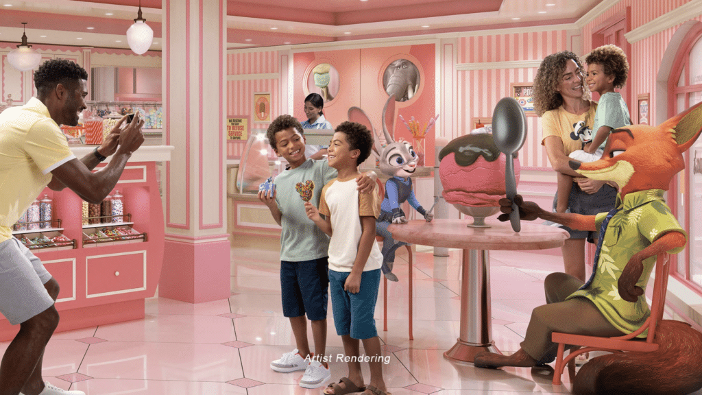 a group of people in a pink room with cartoon characters