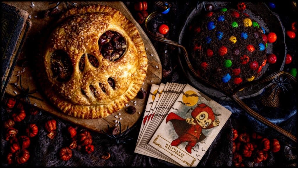 a pie with a skull face and a tarot cards